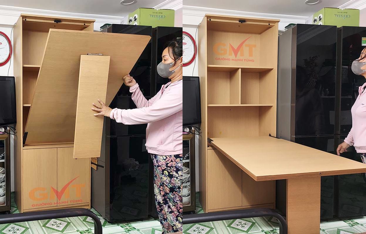 Bàn ăn xếp thông minh kết hợp kệ chứa đồ, thiết kế hiện đại, đa chức năng.