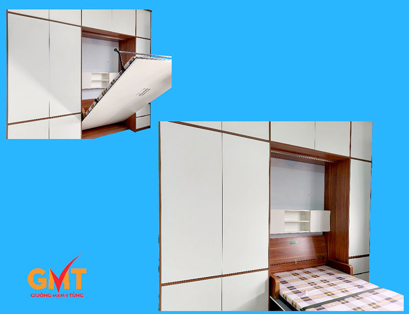 Giường gấp tường thông minh kết hợp kệ sách và tủ áo