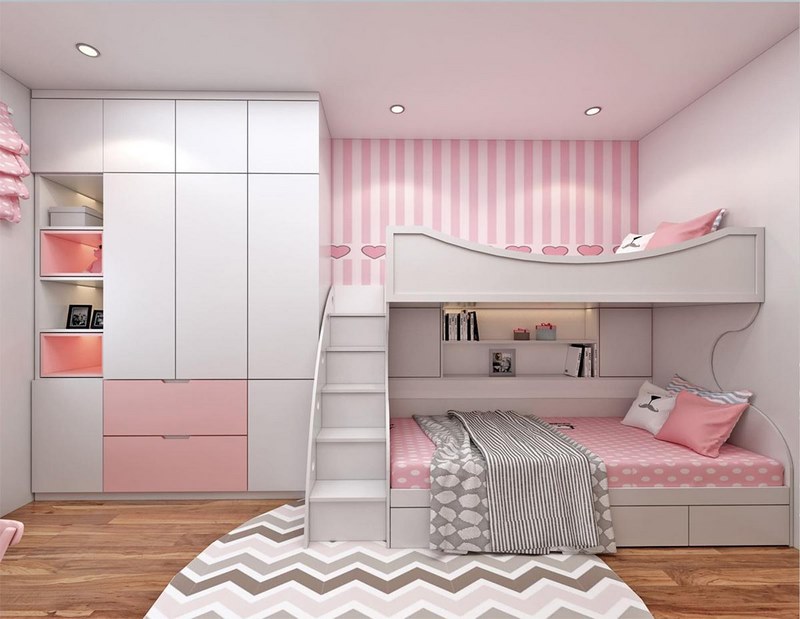 Mẫu giường tầng tone hồng xinh xắn dành cho bé gái