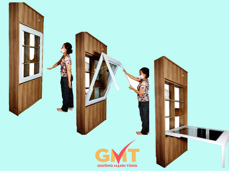 àn gấp thông minh kết hợp tủ trang trí, thiết kế gọn gàng, tiện lợi cho nhà phố nhỏ.