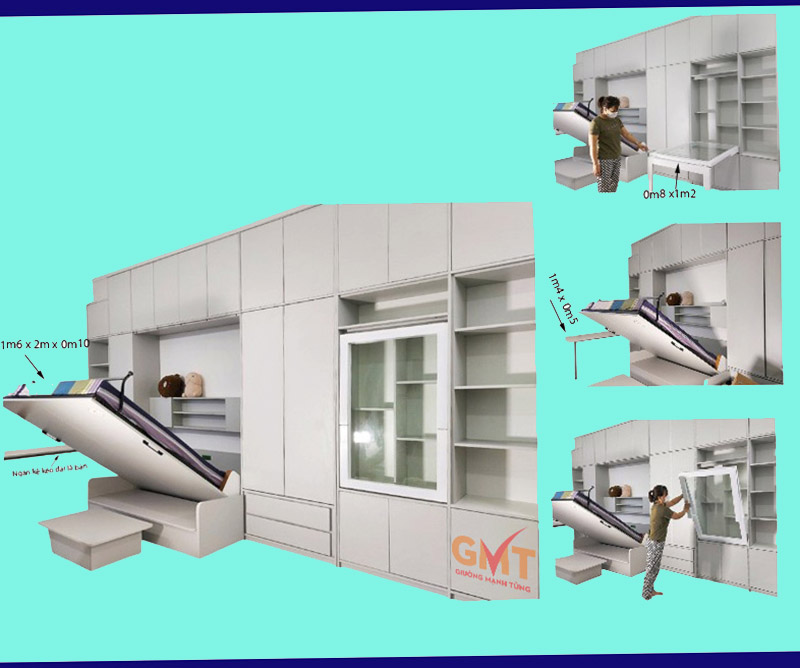 Bộ nội thất thông minh tphcm tích hợp giường gấp, bàn làm việc và tủ kệ màu trắng.