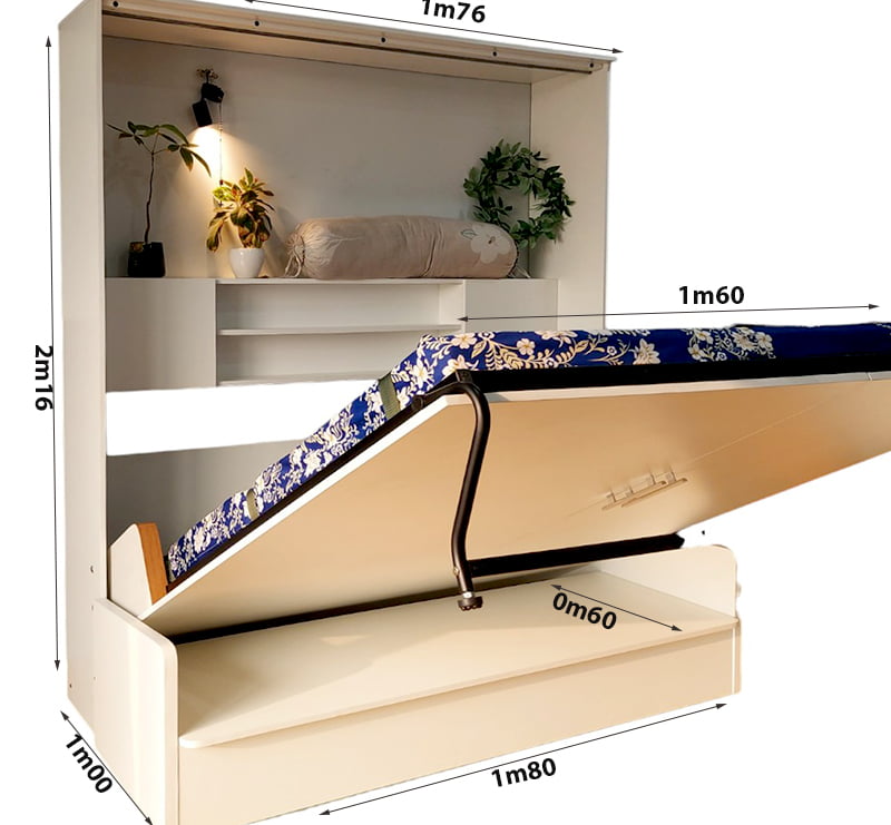Giường gấp thông minh kết hợp sofa 1m6 x 2m, có kệ trang trí và hộc tủ tiện lợi.