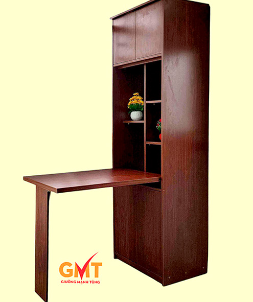 Bàn ăn thông minh gấp gọn kết hợp tủ kệ tiện lợi.