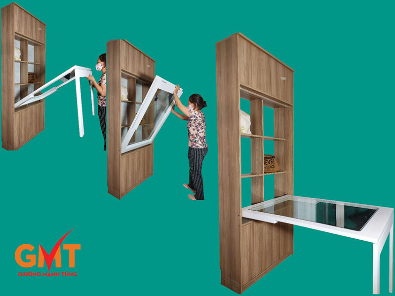 Bàn ăn thông minh gấp gọn kết hợp tủ kệ gỗ, tiết kiệm diện tích tối đa cho căn hộ nhỏ.