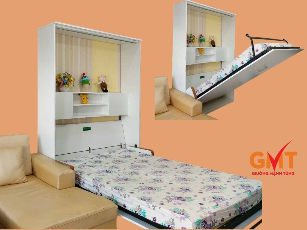 Giường gấp thông minh giá rẻ màu trắng kết hợp sofa da, có kệ trang trí và tủ lưu trữ, tiết kiệm không gian.