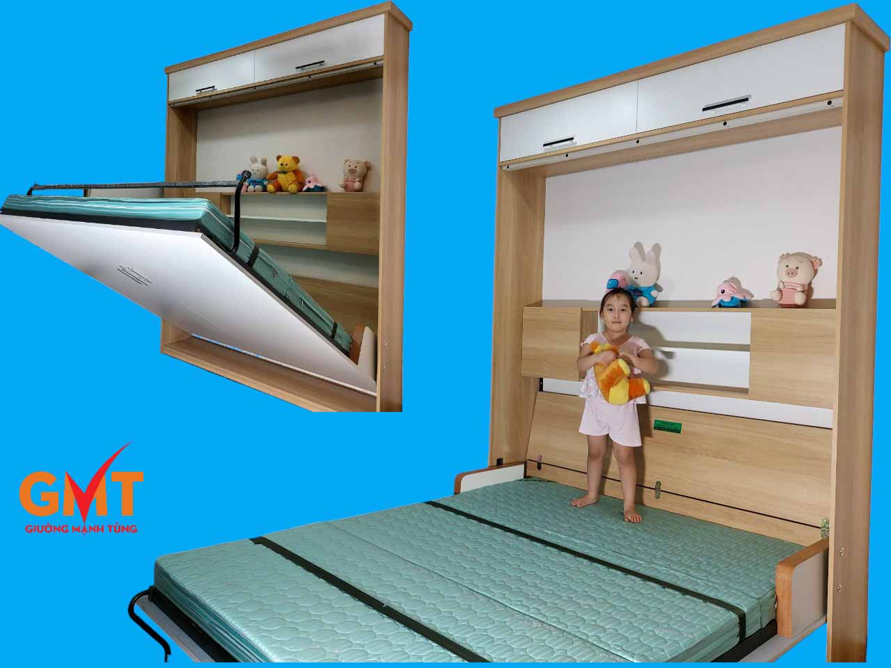 Giường gấp thông minh giá rẻ cho trẻ em, có kệ trang trí và tủ phía trên, giúp tối ưu không gian phòng ngủ.