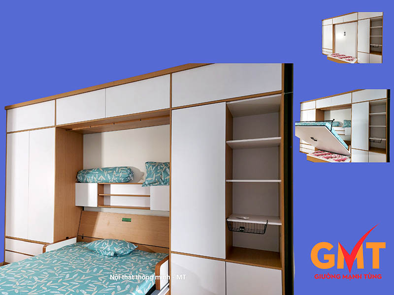 Nội thất phòng khách thông minh với giường gấp ẩn trong tủ kết hợp kệ trang trí và ngăn chứa tiện lợi cho nhà phố hiện đại