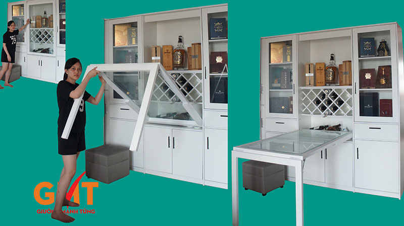 Tủ rượu thông minh kết hợp bàn ăn gấp gọn, thiết kế hiện đại cho căn hộ cao cấp.