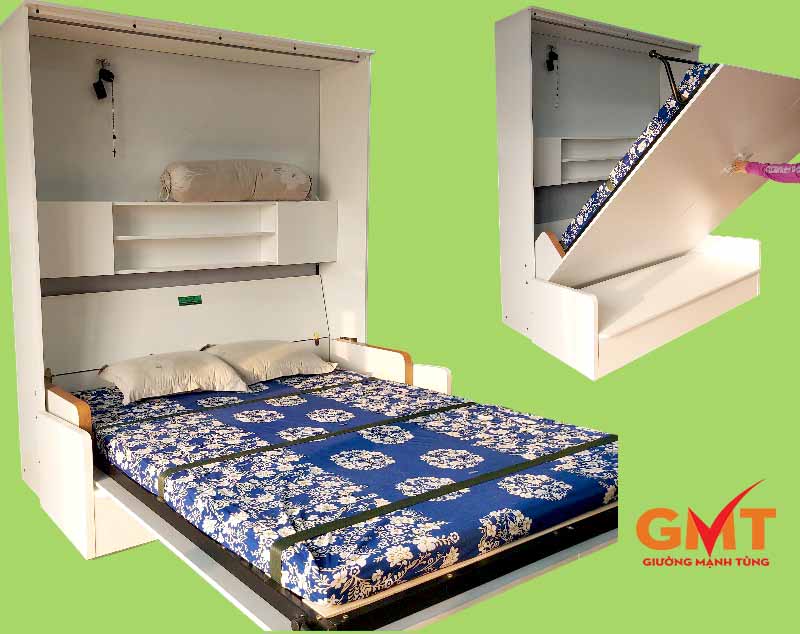 Sofa giường thông minh gấp gọn màu trắng, thiết kế hiện đại kèm kệ để đồ, tiện lợi cho căn hộ nhỏ – Nội thất thông minh Mạnh Tùng.