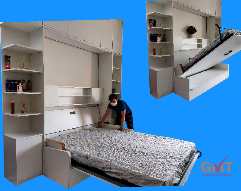 Sofa giường thông minh tích hợp kệ trang trí và tủ quần áo, dễ dàng gấp gọn chỉ với một thao tác – Giường Mạnh Tùng.