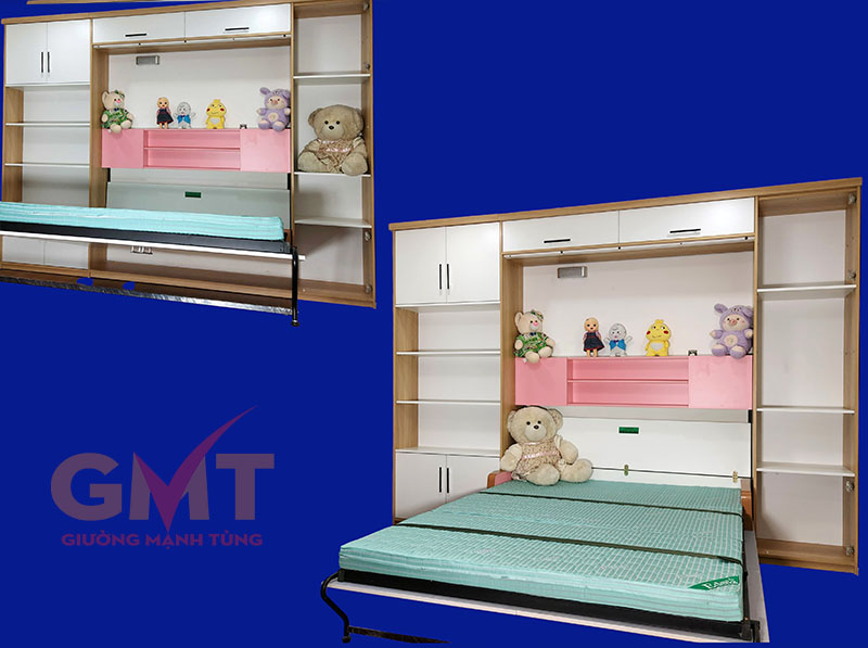 Giường đôi gấp thông minh bằng gỗ MDF bền đẹp, cơ chế gấp nhẹ nhàng, tiết kiệm không gian.