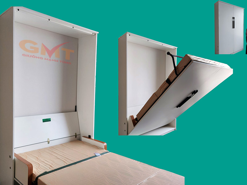 Giường đơn gấp thông minh màu trắng, thiết kế gắn tường gọn gàng với hệ trợ lực nâng hạ nhẹ nhàng.