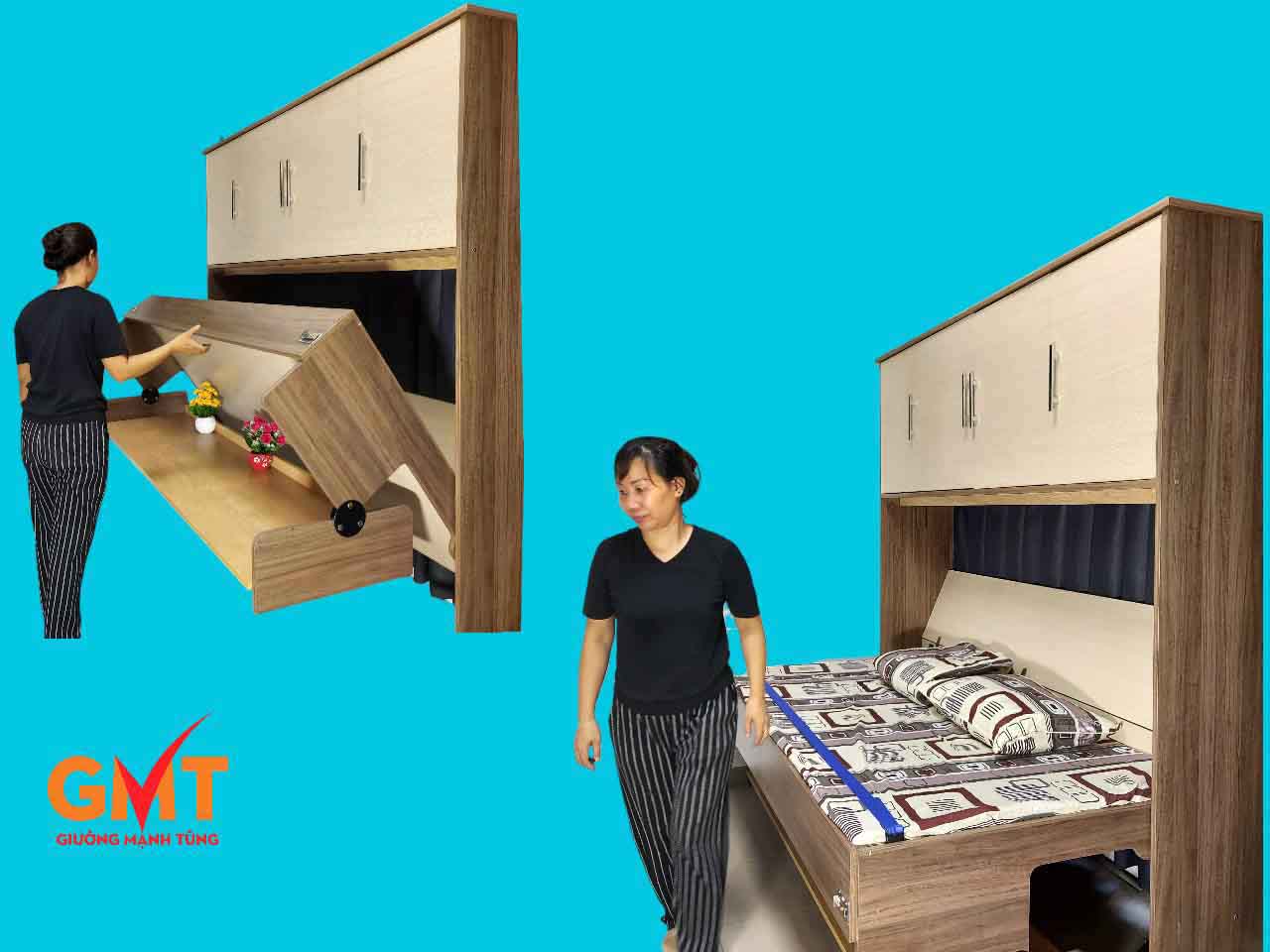 Giường đơn gấp thông minh có tủ phía trên, thiết kế gọn gàng tiết kiệm diện tích, phù hợp phòng nhỏ.