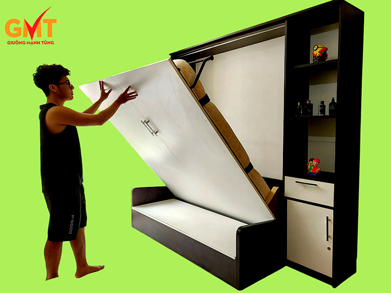 Không gian nội thất phòng ngủ thông minh kết hợp tủ quần áo và giường gấp gọn tinh tế.