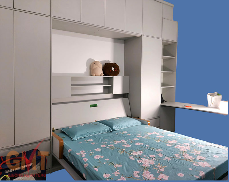 Nội thất thông minh tiết kiệm diện tích với mẫu giường gấp kết hợp tủ kệ hiện đại Mạnh Tùng