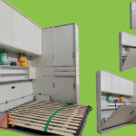 Ảnh giường gấp ngang thông minh 1m6 MT-140 với quy trình mở giường, thiết kế tủ đa năng màu trắng sữa tiết kiệm diện tích.