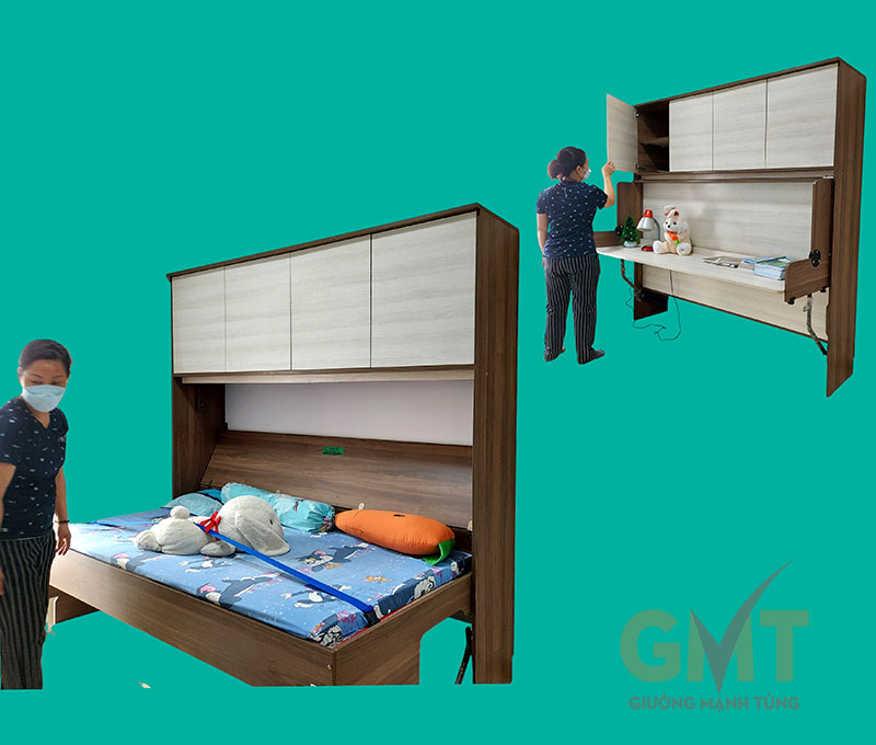 Giường gấp ngang thông minh kèm bàn làm việc và tủ trên tiết kiệm diện tích
