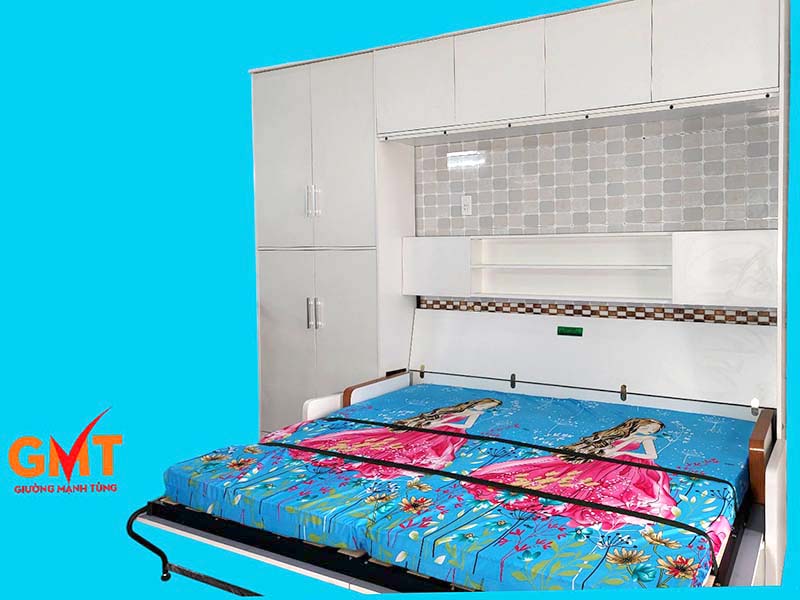 Giường gấp ngang thông minh màu trắng kèm hệ tủ lớn tiết kiệm diện tích