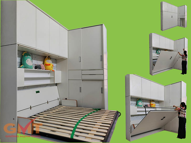 Ảnh giường gấp ngang thông minh 1m6 MT-140 với quy trình mở giường, thiết kế tủ đa năng màu trắng sữa tiết kiệm diện tích.