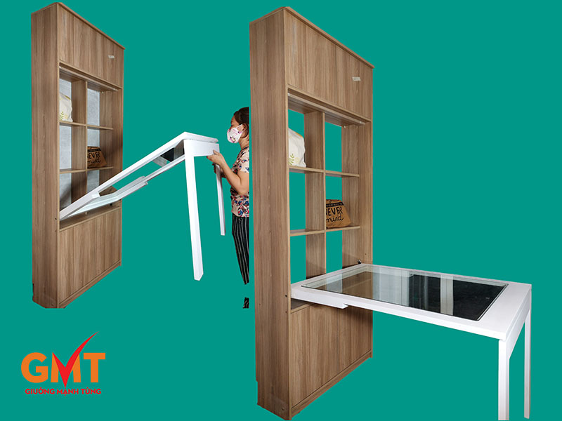 Xưởng sản xuất nội thất thông minh uy tín, giá tốt nhất tại TP.HCM giới thiệu mẫu bàn ăn gấp gọn thông minh tích hợp kệ trang trí gỗ sồi.