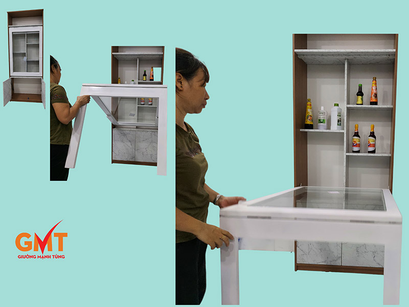 bàn ăn xếp gọn kính cường lực kết hợp kệ bếp thông minh hiện đại tiện lợi