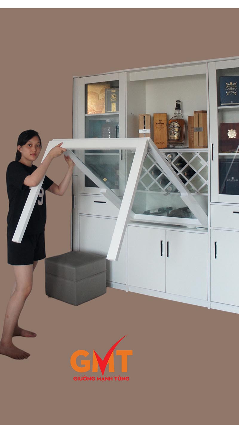bàn ăn xếp gọn kính cường lực kết hợp tủ rượu thông minh sang trọng hiện đại