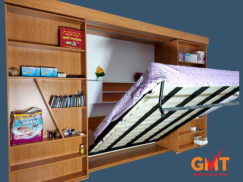 Xưởng sản xuất nội thất thông minh uy tín, giá tốt nhất tại TP.HCM lắp đặt hoàn thiện hệ giường ẩn tủ đôi kết hợp tủ kho và kệ sách kịch trần.